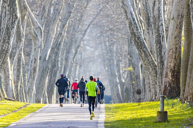 DEU, Deutschland, Baden-Württemberg, Stuttgart, 03.04.2020: Bei frühlingshaften Temperaturen bewegen sich viele Stuttgarter an der frischen Luft. Platanenallee im Unteren Schlossgarten.