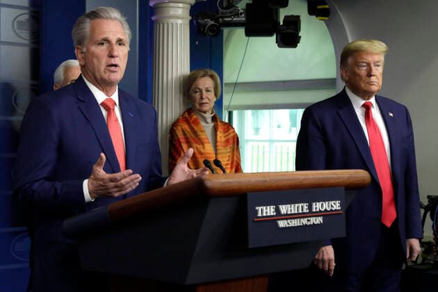 April 3, 2020, Washington, District of Columbia, USA: United States House Minority Leader Kevin McCarthy (Republican of California) speaks next to US President Donald J. Trump, right, at a press briefing on the COVID-19 pandemic with members of the Coronavirus Task Force at the White House in Washington on April 3, 2020. Looking on at center is Dr. Deborah L. Birx, White House Coronavirus Response Coordinator Washington USA - ZUMAs152 20200403_zaa_s152_034 Copyright: xYurixGripasx