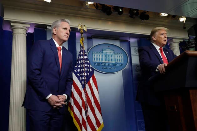 April 3, 2020, Washington, District of Columbia, USA: United States President Donald J. Trump speaks next to United States House Minority Leader Kevin McCarthy (Republican of California), left, at a press briefing on the COVID-19 pandemic with members of the Coronavirus Task Force at the White House in Washington on April 3, 2020. .Credit: Pool via CNP Washington USA - ZUMAs152 20200403_zaa_s152_043 Copyright: xYurixGripasx