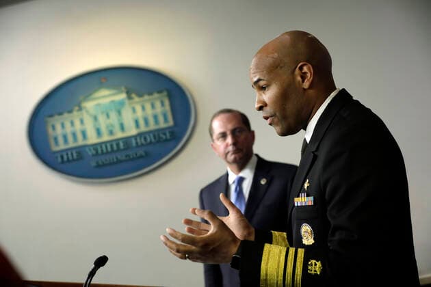 April 3, 2020, Washington, District of Columbia, USA: United States Secretary of Health and Human Services (HHS) Alex Azar listens to US Surgeon General Vice Admiral (VADM) Jerome M. Adams, M.D., M.P.H. speaki at a press briefing on the COVID-19 pandemic with members of the Coronavirus Task Force at the White House in Washington on April 3, 2020. .Credit: Pool via CNP Washington USA - ZUMAs152 20200403_zaa_s152_076 Copyright: xYurixGripasx