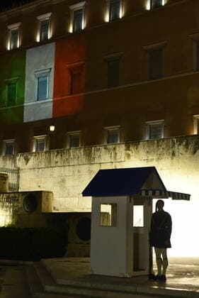 Greece: Indication of support for Italy amid COVID-19 Greek parliament was dressed in the colors of Italy, as a sign of support, cause of Covid-19. Athens Attiki Greece Copyright: DimitriosxKarvountzis