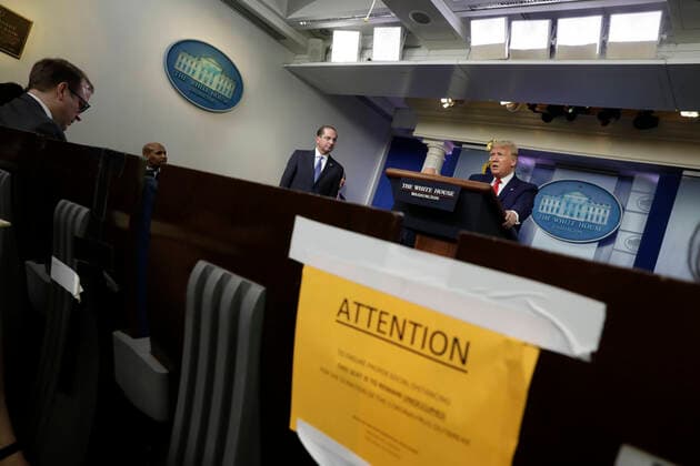 April 3, 2020, Washington, District of Columbia, USA: United States President Donald J. Trump speaks during a press briefing on the COVID-19 pandemic with members of the Coronavirus Task Force at the White House in Washington on April 3, 2020. At left is US Secretary of Health and Human Services (HHS) Alex Azar Washington USA - ZUMAs152 20200403_zaa_s152_080 Copyright: xYurixGripasx