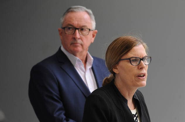 BRAD HAZZARD COVID-19 PRESSER, NSW Minister for Health Brad Hazzard (left) looks on while Chief Health Officer Kerry Chant speaks to the media during a press conference at the NSW Ministry of Health in Sydney, Saturday, April 4, 2020. ( NO ARCHIVING, EDITORIAL USE ONLY, NO USE IN BOOKS WITHOUT CONSENT SYDNEY NSW AUSTRALIA  Copyright: xSIMONxBULLARDx 20200404001461723122