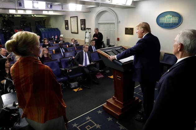 United States President Donald J. Trump reacts during a press briefing on the COVID-19 pandemic with members of the Coronavirus Task Force at the White House in Washington on April 3, 2020. Copyright: xCNPx xMediaPunchx