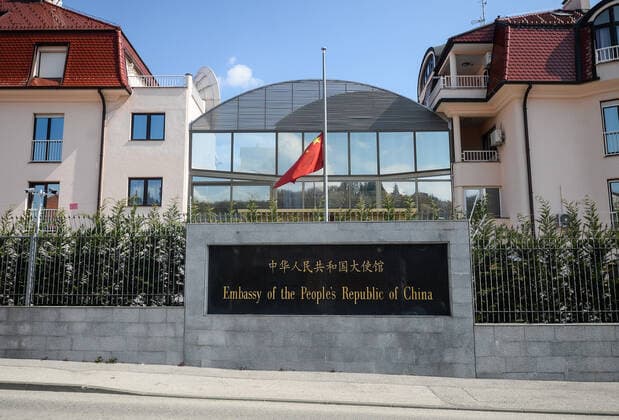 COVID-19 - Embassy of China in Zagreb, Croatia 04.04.2020., Zagreb, Croatia - A Chinese national flag flies at half-mast to mourn for martyrs who died in the fight against the novel coronavirus disease (COVID-19) outbreak and compatriots who died of the disease at the Embassy of the People s Republic of China to the Republic of Croatia in Zagreb, Croatia, April 4, 2020. MarkoxPrpic PIXSELL