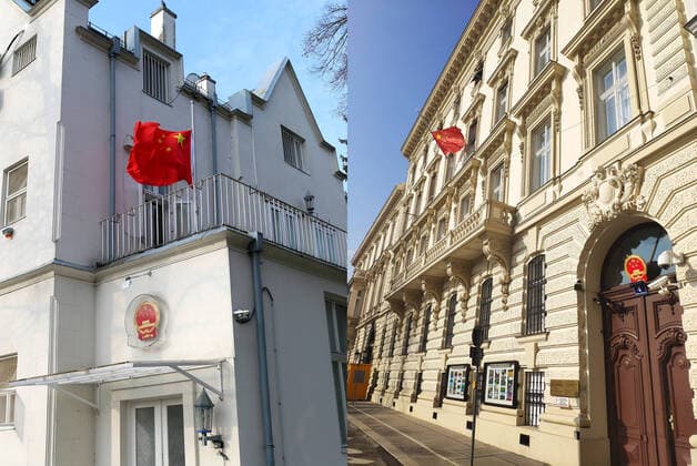 (200404) -- VIENNA, April 4, 2020 -- This combo photo shows Chinese national flags flying at half-mast to mourn for martyrs who died in the fight against the novel coronavirus disease (COVID-19) outbreak and compatriots who died of the disease at the Chinese Embassy to Austria (R) and Chinese Permanent Mission to UN and other International Organizations in Vienna, Austria, April 4, 2020. AUSTRIA-VIENNA-COVID-19-CHINESE EMBASSY-NATIONAL FLAG-HALF-MAST GuoxChen 