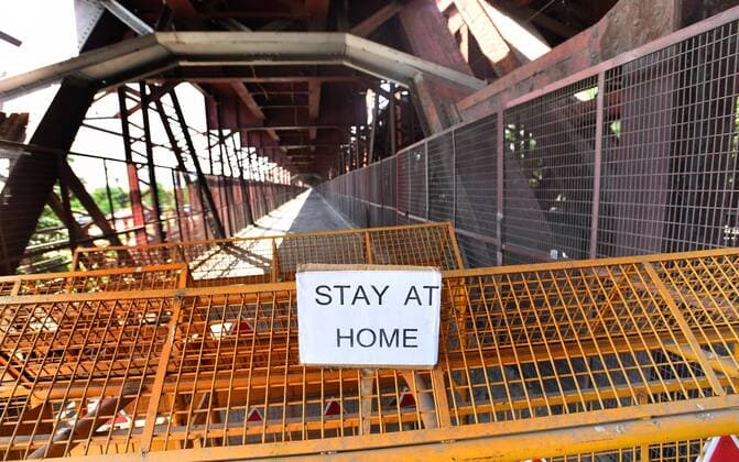 NEW DELHI, INDIA APRIL 4: A notice on a police barricade that reads Stay at home , at Old Iron Bridge on day eleven of the nationwide lockdown to check the spread of coronavirus, on April 4, 2020 in New Delhi, India. (Photo by Mohd Zakir Hindustan Times ) India Goes Into 21 Day Lockdown Due To Coronavirus COVID 19