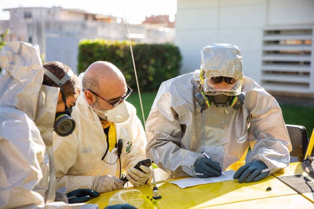 April 4, 2020, Barcelona, Spain: The ADF disinfecting and cleaning public spaces as a measure to prevent the spread of the coronavirus. Terrassa Spain - ZUMAa181 20200404_zaa_a181_038 Copyright: xXavixBonillax