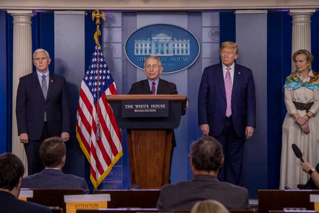 April 4, 2020, Washington, District of Columbia, USA: United States Vice President Mike Pence, US President Donald J. Trump and Dr. Deborah L. Birx, White House Coronavirus Response Coordinator, listen to Director of the National Institute of Allergy and Infectious Diseases at the National Institutes of Health Dr. Anthony Fauci at the coronavirus briefing at the White House Washington, D.C., U.S., on Saturday, April 4, 2020. New York s death toll from coronavirus on Saturday surpassed 3,500 as confirmed cases rose to 113,704, bringing the U.S. total to more than 7,700 fatalities and 287,000 cases Washington USA - ZUMAs152 20200404_zaa_s152_014 Copyright: xTasosxKatopodisx
