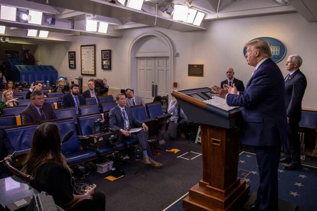 April 4, 2020, Washington, District of Columbia, USA: United States President Donald J. Trump speaks at the coronavirus briefing at the White House Washington, D.C., U.S., on Saturday, April 4, 2020. New York s death toll from coronavirus on Saturday surpassed 3,500 as confirmed cases rose to 113,704, bringing the U.S. total to more than 7,700 fatalities and 287,000 cases. .Credit: Pool via CNP Washington USA - ZUMAs152 20200404_zaa_s152_030 Copyright: xTasosxKatopodisx