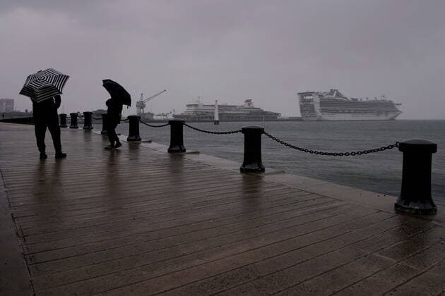 AUSTRALIA CORONAVIRUS COVID-19, Storm clouds hover over Port Melbourne harbour where the Spirit Of Tasmania Ferry and the Golden Princess Cruise Ship remained docked due to the coronavuris (COVID-19) pandemic in Melbourne, Sunday, April 5, 2020. ( NO ARCHIVING, EDITORIAL USE ONLY, NO USE IN BOOKS WITHOUT CONSENT MELBOURNE VIC AUSTRALIA  Copyright: xMICHAELxDODGEx 20200405001461860399