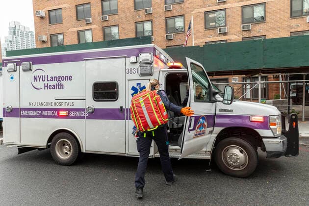 Coronavirus pandemic in NYC as seen on April 4 First responder from NYU Langone Hospitals Emergency Medical Services arrived to treat patient at Greenpark nursing home The Phoenix in Brooklyn New York New York United States Copyright: LevxRadin