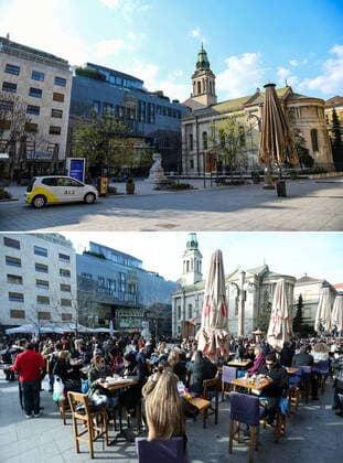 Life in Croatia before and during pandemic of coronvirus 04.04.2020., Zagreb, Croatia - Combo photo shows people at Petar Preradovic Square in Zagreb, Croatia on February 15, 2014 (bottom) and empty square of the same place during the COVID-19 pandemic on April 3, 2020. PIXSELL