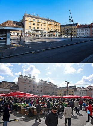 Life in Croatia before and during pandemic of coronvirus 04.04.2020., Zagreb, Croatia - Combo photo shows people at Dolac Market in Zagreb, Croatia on March 14, 2020 (bottom) and empty market of the same place during the COVID-19 pandemic on April 3, 2020. JosipxRegovic PIXSELL