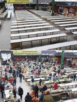 Life in Croatia before and during pandemic of coronvirus 04.04.2020., Sisak, Croatia - Combo photo shows people at City market in Sisak, Croatia on March 14, 2020 (bottom) and empty market of the same place during the COVID-19 pandemic on March 23, 2020. NikolaxCutuk PIXSELL