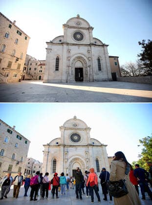 Life in Croatia before and during pandemic of coronvirus 04.04.2020., Sibenik, Croatia - Combo photo shows people in front of the Cathedral of St. James in Sibenik, Croatia on October 8, 2019 (bottom) and empty street of the same place during the COVID-19 pandemic on April 1, 2020. DuskoxJaramaz PIXSELL