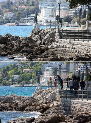 Life in Croatia before and during pandemic of coronvirus 04.04.2020., Opatija, Croatia - Combo photo shows people in front of the statue of Maiden with the seagull in Opatija, Croatia on April 7, 2019 (bottom) and empty promenade of the same place during the COVID-19 pandemic on April 1, 2020. NelxPavletic PIXSELL
