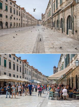 Life in Croatia before and during pandemic of coronvirus 04.04.2020., Dubrovnik, Croatia - Combo photo shows people take a walk on Stradun street, the main street in Dubrovnik Old Town, Croatia on May 16, 2019 (bottom) and empty street of the same place during the COVID-19 pandemic on April 1, 2020. Photo. Grgo Jelavic PIXSELL GrgoxJelavic PIXSELL