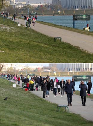 Life in Croatia before and during pandemic of coronvirus 04.04.2020., Zagreb, Croatia - Combo photo shows people on Lake Jarun in Zagreb, Croatia on March 14, 2020 (bottom) and almost empty lake of the same place during the COVID-19 pandemic on April 3, 2020. IgorxKralj PIXSELL