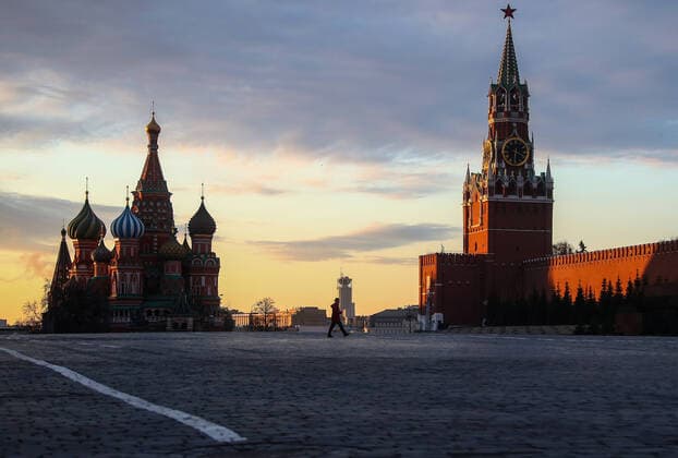 MOSCOW, RUSSIA - APRIL 5, 2020: The sun rises over Red Square deserted due to a home isolation order declared for Moscow residents of all ages to restrict movement within the city and reduce the risk of contagion; a period off work with full pay has been extended until April 30 nationwide as part of preventive measures to contain the spread of the COVID-19 infection. Valery Sharifulin TASS  TS0D4748