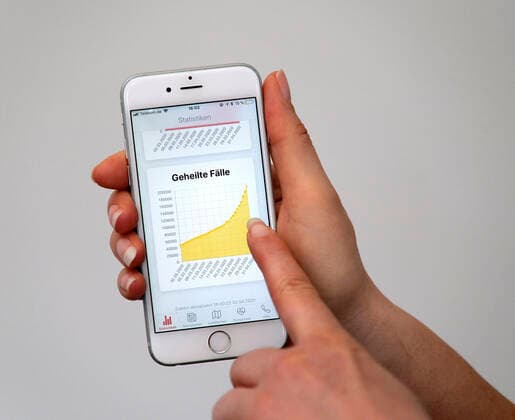 05.04.2020, Coronavirus-App auf einem Smartphone. Kurve für die geheilten Corona-Fälle in Deutschland (Stand 1.4.2020) 05.04.2020, Coronavirus-App auf dem Smartphone 05.04.2020, Coronavirus-App auf dem Smartphone