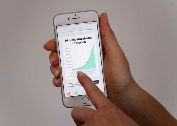 05.04.2020, Coronavirus-App auf einem Smartphone. Grün die Zahl der in Deutschland bestätigten Infektions-Fälle mit Corona-Virus (Stand 01.04.2020). 05.04.2020, Coronavirus-App auf dem Smartphone 05.04.2020, Coronavirus-App auf dem Smartphone