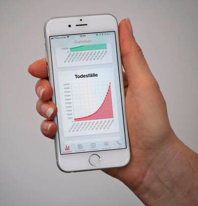 05.04.2020, Coronavirus-App auf einem Smartphone. Rote Kurve die Zahl der in Deutschland bestätigten Todes-Fälle mit Corona-Virus (Stand 01.04.2020). 05.04.2020, Coronavirus-App auf dem Smartphone 05.04.2020, Coronavirus-App auf dem Smartphone