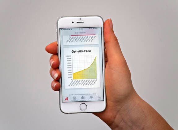 05.04.2020, Coronavirus-App auf einem Smartphone. Kurve für die geheilten Corona-Fälle in Deutschland (Stand 1.4.2020) 05.04.2020, Coronavirus-App auf dem Smartphone 05.04.2020, Coronavirus-App auf dem Smartphone
