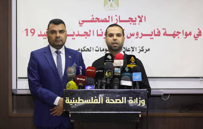 April 5, 2020, Gaza City, Gaza Strip, Palestinian Territory: Palestinians from the Ministry of Health and Interior attend a press conference about the coronavirus, in Gaza city, on April 5, 2020 Gaza City Palestinian Territory - ZUMAap3_ 20200405_zaf_ap3_006 Copyright: xMahmoudxNasserx