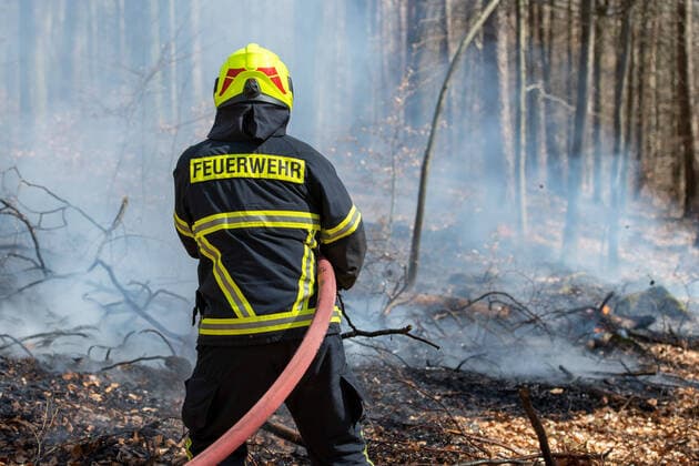 Waldbrandgefahr, 05.04.2020, im Rochlitzer Bergwald kommt es an einem Wanderweg zu einem kleinen Waldbrand. Auf einer Fläche von etwa einem Hektar brennt trockenes Laub und Holz. Rochlitz Sachsen Deutschland *** Forest fire hazard, 05 04 2020, a small forest fire occurs along a hiking trail in the Rochlitz mountain forest Dry leaves and wood burn on an area of about one hectare Rochlitz Saxony Germany