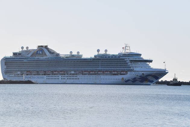 RUBY PRINCESS COVID-19 EVACUATIONS, The Ruby Princess carrying crew only onboard docks at Port Kembla, Wollongong, Monday, April 6, 2020. A criminal investigation will be launched into how cruise line operator Carnival Australia was allowed to disembark Ruby Princess passengers in Sydney, resulting in several deaths and COVID-19 outbreaks throughout the country. ( NO ARCHIVING, EDITORIAL USE ONLY, NO USE IN BOOKS WITHOUT CONSENT SYDNEY NSW AUSTRALIA  Copyright: xDEANxLEWINSx 20200406001461952164