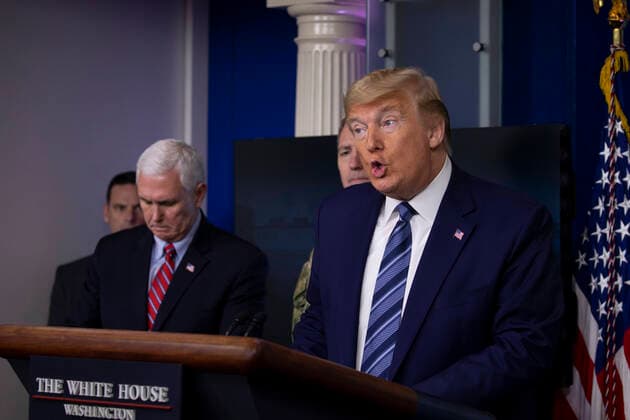 United States President Donald J. Trump speaks at the coronavirus briefing at the White House Washington, D.C., U.S., on Sunday, April 5, 2020. The next two weeks will be crucial in the United States fight against the coronavirus, warn health officials, who are urging Americans to continue practicing social-distancing measures. At left is US Vice President Mike Pence. Copyright: xTasosxKatopodisx