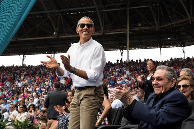 Mar 22, 2016 - Havana, Cuba - U.S President BARACK OBAMA and President RAUL CASTRO of Cuba applaud a run by the Tampa Bay Rays during an exhibition baseball game between the Rays and the Cuban National Team at the Estadio Latino Americano. Havana Cuba - ZUMAz03_ 20160322_jes_z03_522 Copyright: xPetexSouzax