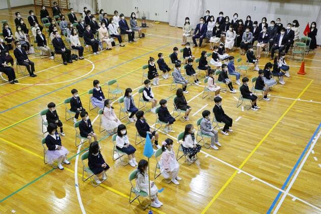 New coronavirus Pupils attend an entrance ceremony at an elementary school in Nagoya, central Japan, on April 6, 2020, as the new school year begins. Elementary and high schools had been closed in Japan since early March due to the coronavirus outbreak. 