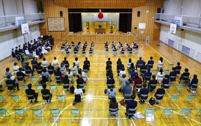 New coronavirus Pupils attend an entrance ceremony at an elementary school in Nagoya, central Japan, on April 6, 2020, as the new school year begins. Elementary and high schools had been closed in Japan since early March due to the coronavirus outbreak. 