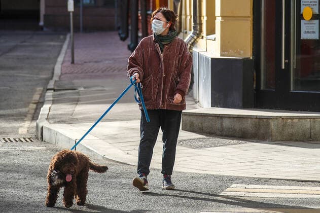 MOSCOW, RUSSIA - APRIL 6, 2020: A woman in a face mask walks her dog during the pandemic of the novel coronavirus (COVID-19). Muscovites are told not to leave home except for essential purposes. As of 6 April 2020, Russia has reported more than 6,300 confirmed cases of the novel coronavirus, with more than 4,400 confirmed cases in Moscow. Since 30 March 2020, Moscow has been on lockdown in connection with the pandemic. The Russian government announced a paid period off work for employed people and school holidays, which is expected to last till the end of April. Valery Sharifulin TASS  TS0D485B