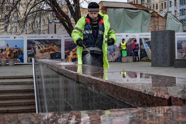April 5, 2020. Russia. Moscow on coronavirus lockdown. A utility worker washes a pedestrian underpass with disinfectant. Moscow authorities imposed home isolation for all Moscow residents, regardless of their age, and restrictions on movement within the city, effective since March 30, 2020, as a measure to contain the spread of the COVID-19 coronavirus infection. Violations of the stay-at-home order carry fines ranging from 1,000 to 40,000 rubles for non-infected people, and up to 1m rubles or imprisonment for up to 3 years for infected people, depending on the severity of consequences. KonstantinxKokoshkin