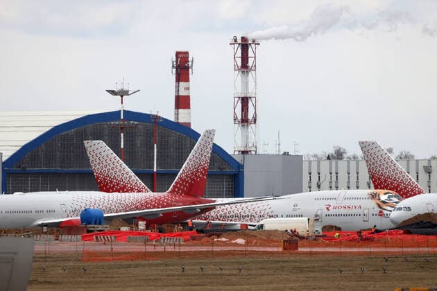 MOSCOW REGION, RUSSIA - APRIL 6, 2020: Rossiya Airlines planes at Sheremetyevo International Airport. On March 27, the Russian government ordered an international flight ban amid the ongoing COVID-19 pandemic, with the exception of charter flights to evacuate Russian citizens from abroad. On April 4, Russia abandoned the previous mass evacuation strategy in favour of a more specific list-based approach to each particular flight. As of April 6, Russian airports report a decline in passenger traffic reaching 89%, compared to the same period in 2019. Marina Lystseva TASS  TS0D49DB