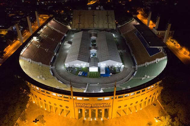 SÃO PAULO, SP - 06.04.2020: FIELD HOSPITAL IN PACAEMBU - Drone photos, taken from the field hospital at the Pacaembu stadium, created for the Covid-19 crisis, in São Paulo, SP. x1902085x  AndrexChaco
