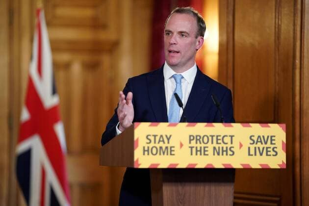 (200406) -- LONDON, April 6, 2020 -- British Foreign Secretary Dominic Raab speaks at a COVID-19 digital press conference in London, Britain, on April 6, 2020. British Prime Minister Boris Johnson was taken to intensive care on Monday night after his coronavirus symptoms worsened, Downing Street said. Johnson has asked Foreign Secretary Dominic Raab to deputize for him, a Downing Street spokesman said. (Pippa Fowles No 10 Downing Street Handout via Xinhua) (EDITORIAL USE ONLY) BRITAIN-LONDON-COVID-19-BORIS JOHNSON HanxYan 