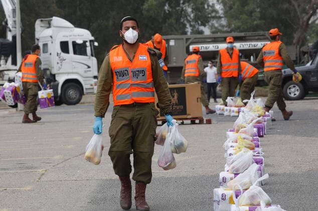 (200406) -- BNEI BRAK, April 6, 2020 (Xinhua) -- Israeli soldiers collect and pack for distributing food packages to local citizens in the central Israeli city of Bnei Brak, on April 6, 2020. According to Israel s Ministry of Health, a total of 474 people in Israel were tested positive for COVID-19 on Monday, bringing the tally of infections to 8,904. (Photo by Gil Cohen Magen Xinhua) MIDEAST-BNEI BRAK-COVID-19 