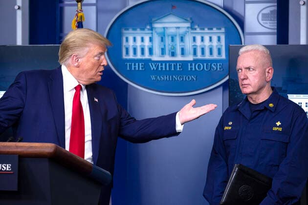 April 6, 2020, Washington, District of Columbia, USA: United States President Donald J. Trump, left, gestures to Admiral Brett Giroir during a news conference on the COVID-19 pandemic in the James S. Brady Press Briefing Room of the White House in Washington D.C., U.S. on Monday, April 6, 2020. The United States has now reached 10,000 deaths caused by the novel Coronavirus, as officials debate the effectiveness of hydroxychloroquine, a drug used to treat malaria, to also treat the Coronavirus. Credit: CNP Washington USA - ZUMAs152 20200406_zaa_s152_060 Copyright: xStefanixReynoldsx