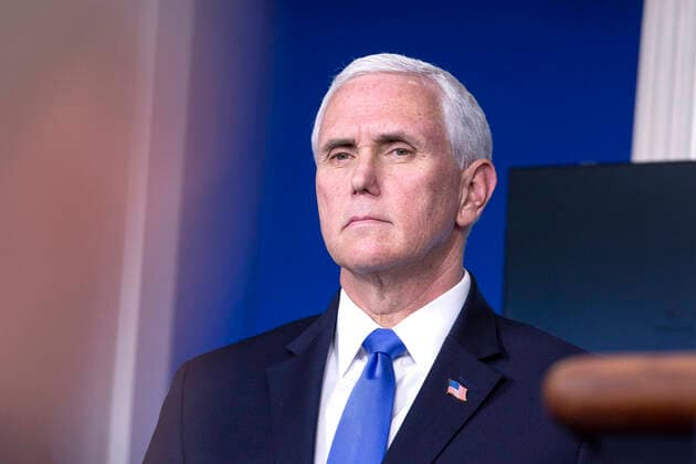 April 6, 2020, Washington, District of Columbia, USA: United States Vice President Mike Pence listens as United States President Donald J. Trump delivers remarks on the COVID-19 pandemic in the James S. Brady Press Briefing Room of the White House in Washington D.C., U.S. on Monday, April 6, 2020. The United States has now reached 10,000 deaths caused by the novel Coronavirus, as officials debate the effectiveness of hydroxychloroquine, a drug used to treat malaria, to also treat the Coronavirus. Credit: CNP Washington USA - ZUMAs152 20200406_zaa_s152_065 Copyright: xStefanixReynoldsx