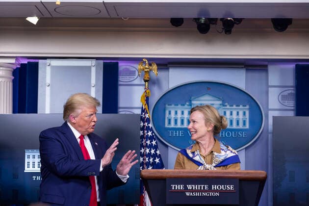April 6, 2020, Washington, District of Columbia, USA: United States President Donald J. Trump, left, gestures as Deborah Birx, coronavirus response coordinator, speaks during a news conference on the COVID-19 pandemic in the James S. Brady Press Briefing Room of the White House in Washington D.C., U.S. on Monday, April 6, 2020. The United States has now reached 10,000 deaths caused by the novel Coronavirus, as officials debate the effectiveness of hydroxychloroquine, a drug used to treat malaria, to also treat the Coronavirus. Credit: CNP Washington USA - ZUMAs152 20200406_zaa_s152_079 Copyright: xStefanixReynoldsx