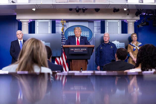 April 6, 2020, Washington, District of Columbia, USA: United States President Donald J. Trump, joined by members of the Coronavirus Task Force, delivers remarks on the COVID-19 pandemic in the James S. Brady Press Briefing Room of the White House in Washington D.C., U.S. on Monday, April 6, 2020. The United States has now reached 10,000 deaths caused by the novel Coronavirus, as officials debate the effectiveness of hydroxychloroquine, a drug used to treat malaria, to also treat the Coronavirus. Credit: CNP Washington USA - ZUMAs152 20200406_zaa_s152_081 Copyright: xStefanixReynoldsx