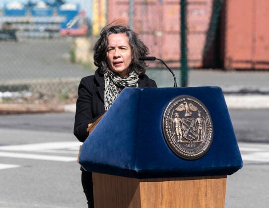 NY: Mayor de Blasio at Brooklyn Yard Dr. Oxiris Barbot speaks during mayor de Blasio media briefing after visiting production line run by Crye Precision to produce protective gowns at Brooklyn Navy Yard New York New York United States Copyright: LevxRadin