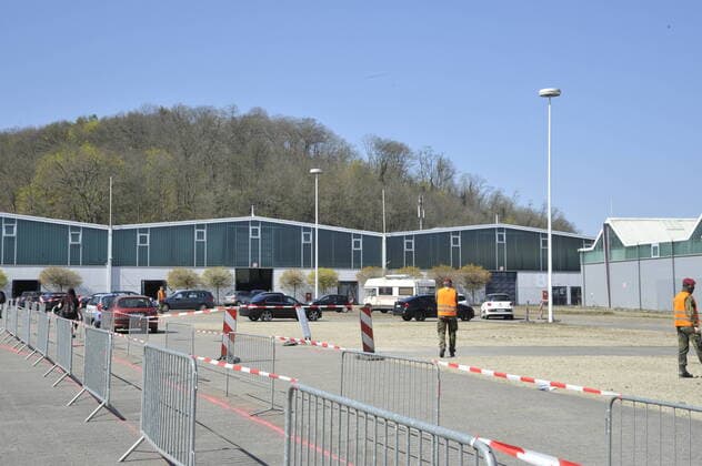 Corona-Teststation auf dem Messegelände in Saarbrücken. Fotografiert am 06.04.2020