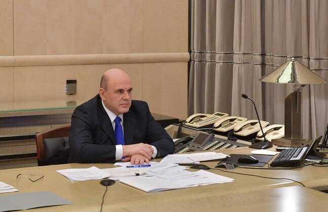 MOSCOW, RUSSIA - APRIL 7, 2020: Russia s Prime Minister Mikhail Mishustin during a video conference meeting at the Russian Government House with members of the Russian State Duma on issues proposed by the Spravedlivaya Rossiya Just Russia party faction. Alexander Astafyev POOL TASS  TS0D4B66