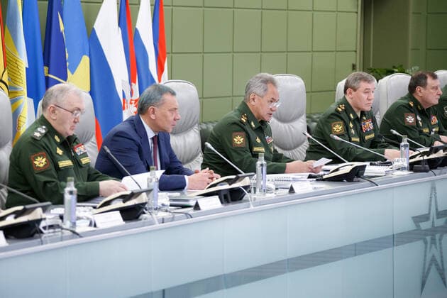 MOSCOW, RUSSIA - APRIL 7, 2020: Russia s First Deputy Defence Minister Ruslan Tsalikov, Russia s Deputy Prime Minister Yuri Borisov, Russia s Defence Minister Sergei Shoigu, Russia s First Deputy Defense Minister, the Chief of the General Staff of the Russian Armed Forces, Valery Gerasimov, and Russia s Deputy Defence Minister Dmitry Bulgakov (L-R) during a video conference meeting at the Russian National Defence Management Centre. Alexei Yereshko Russian Defence Ministry Press Office TASS  TS0D4B43