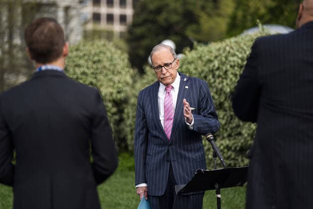 Director of the National Economic Council Larry Kudlow speaks to members of the media outside the White House in Washington DC, on Tuesday, April 7, 2020. Kudlow says the administration is looking into offering a coronavirus-related Treasury bond to spur investment.  wax20200407106 JIMxLOxSCALZO